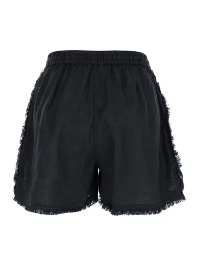 Shop P.a.r.o.s.h Black Shorts With Drawstring And Fringed Hem In Linen Woman