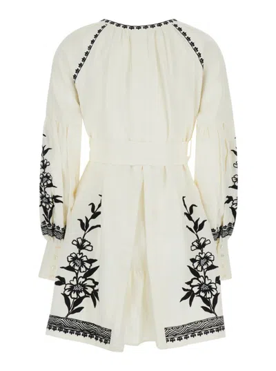Shop Anjuna White Mini Dress With Floreal Embroidery And Tassels In Linen Woman In White/black