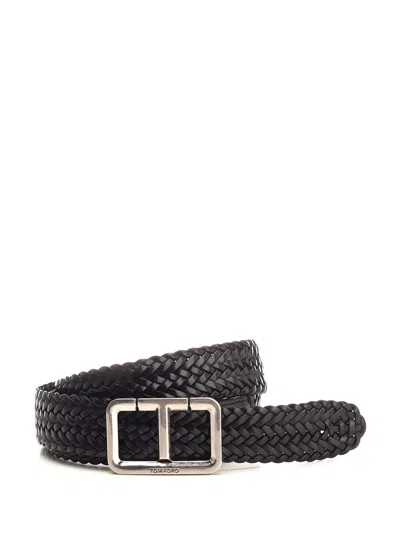 Shop Tom Ford T Belt In Woven Leather In Black