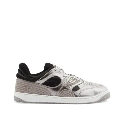 Shop Gucci Leather Basket Sneakers In Silver