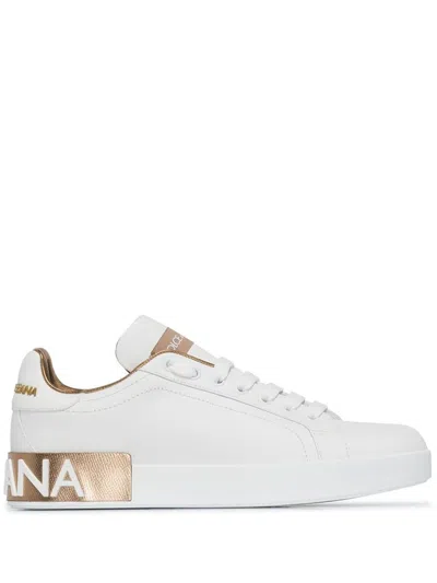 Shop Dolce & Gabbana Portofino Leather Sneakers In Golden