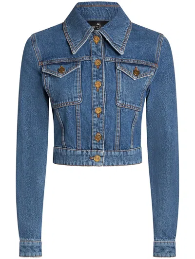 Shop Etro Pegaso Denim Jacket With Embroidery In Blue