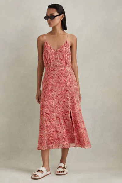 Reiss Olivia Printed Belted Midi Dress In Red