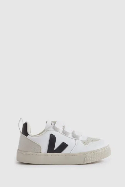 Shop Veja Small V-10 Suede Velcro Trainers In White/black