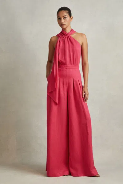Reiss Selena Halter Linen-blend Jumpsuit In Coral