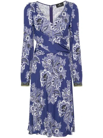 Etro Floral-print Multicolored Midi Dress In Blue