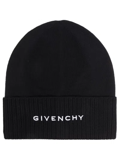 Shop Givenchy Black Embroidered Logo Wool Beanie Hat