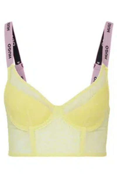 Shop Hugo Lace Bra With Branded Straps And Hook And Eye Closure In Light Yellow