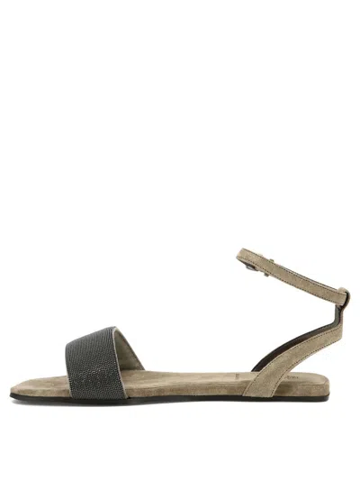 Shop Brunello Cucinelli Sandals With Precious Strap In Beige