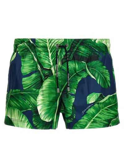 Shop Dolce & Gabbana Green Leaf Print Swim Shorts In Polyester Man