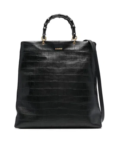 Jil Sander Bamboo-handle Embossed Leather Tote Bags In Black