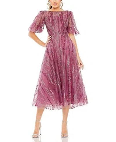 Shop Mac Duggal High Neck Puff Sleeve Embellished A Line Dress In Berry