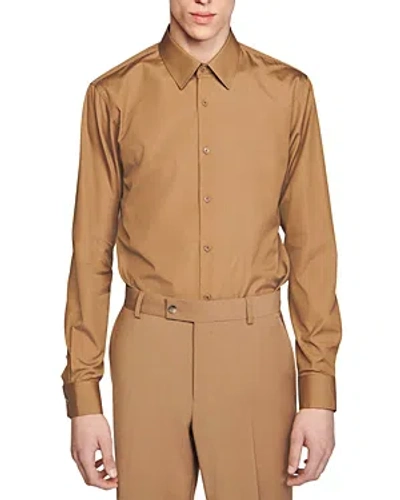 Shop Sandro Regular Fit Long Sleeve Button Down Shirt In Camel