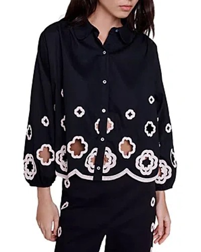 Shop Maje Chenilleraie Collared Clover Shirt In Black