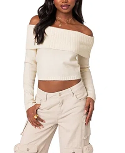 Edikted Tamara Foldover Off The Shoulder Sweater In Cream