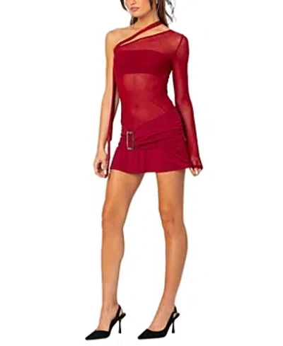 Shop Edikted One Shoulder Sheer Mesh Mini Dress In Red