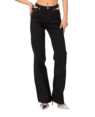 Shop Edikted Cut Out Belt Low Rise Flared Jeans In Black