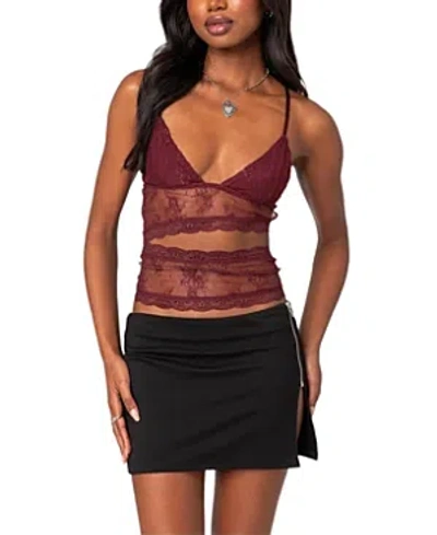 Shop Edikted Spice Cut Out Sheer Lace Tank Top In Burgundy