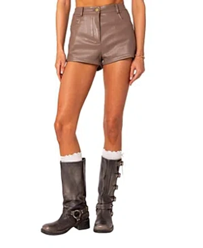 Shop Edikted Martine High Rise Faux Leather Shorts In Brown