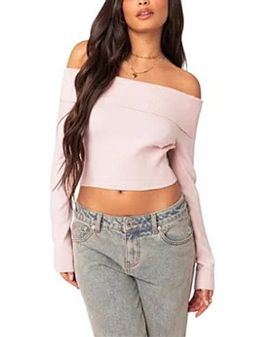 Shop Edikted Minnie Cropped Fold Over Knit Top In Light Pink