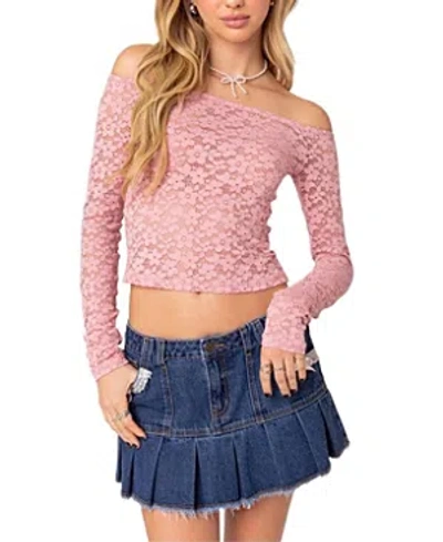 Shop Edikted Carolina Off Shoulder Sheer Lace Top In Pink