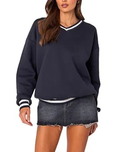 Shop Edikted Caryn Oversized V Neck Sweatshirt In Navy