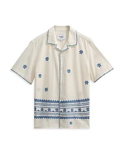 Shop Wax London Didcot Relaxed Fit Short Sleeve Printed Button Front Camp Shirt In Ecru/blue