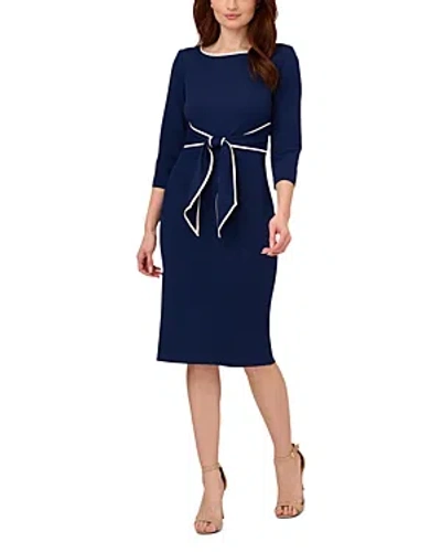 Shop Adrianna Papell Tipped Crepe Tie Waist Dress In Navy/ivory