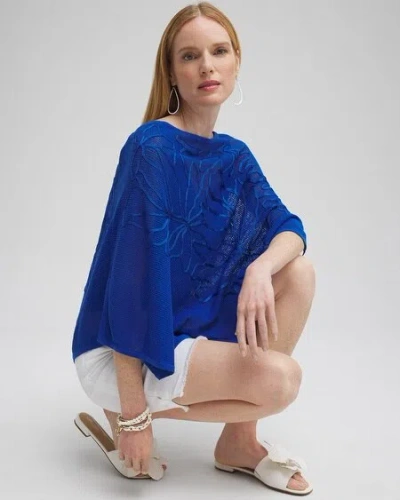 Shop Chico's Embroidered Knit Triangle Poncho In Intense Azure Size Small/medium |