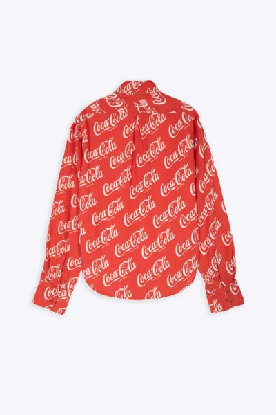 Shop Erl Unisex Printed Button Up Shirt Woven Red Linen Blend Coca Cola Shirt - Unisex Printed Button Up Shir In Rosso