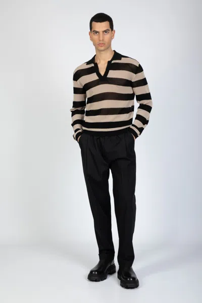 Shop Laneus Mesh Polo Shirt Long Sleeves Man Beige And Black Striped Mesh Knitted Polo Shirt - Mesh Polo Shirt In Nero/beige