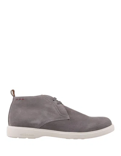 Shop Kiton Grey Suede Laced Leather Ankle Boots
