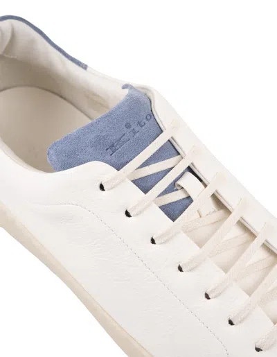 Shop Kiton White Leather Sneakers With Light Blue Details