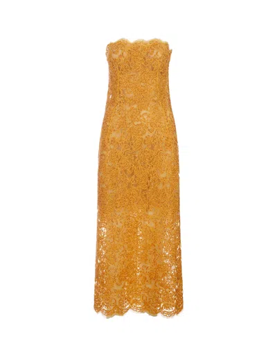 Shop Ermanno Scervino Lace Longuette Dress With Micro Crystals In Yellow