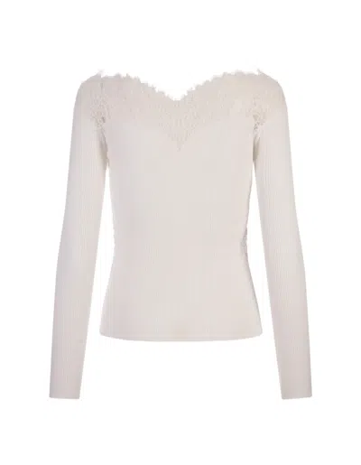 Shop Ermanno Scervino White Sweater With Lace And Boat Neckline