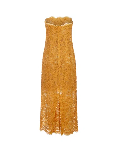 Shop Ermanno Scervino Lace Longuette Dress With Micro Crystals In Yellow