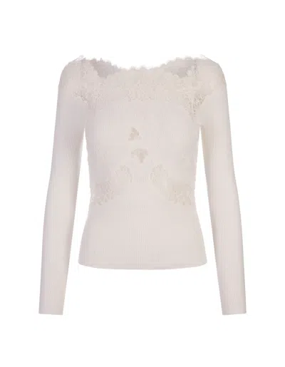 Shop Ermanno Scervino White Sweater With Lace And Boat Neckline