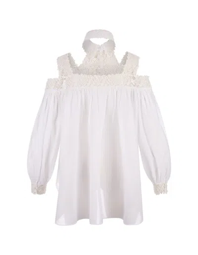 Shop Ermanno Scervino White Blouse With Flower Lace And Cut-out