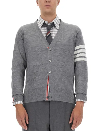 Thom Browne Medium Grey Wool Cardigan With Distinctive Stripe Detail In Grigio