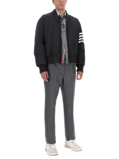 Thom Browne Medium Grey Wool Cardigan With Distinctive Stripe Detail In Grigio