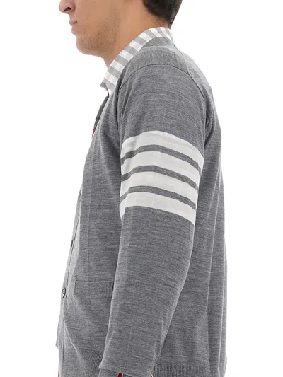 Thom Browne Medium Grey Wool Cardigan With Distinctive Stripe Detail In Grigio