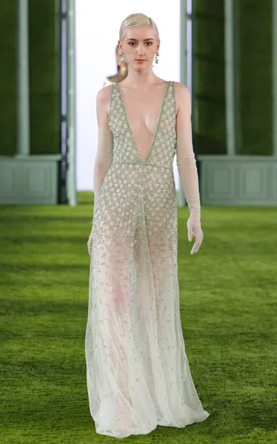 Shop Georges Hobeika Plunged Embellished Chiffon Maxi Dress In Green