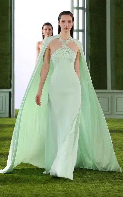 Shop Georges Hobeika Crystal-embellished Crepe Maxi Dress In Green
