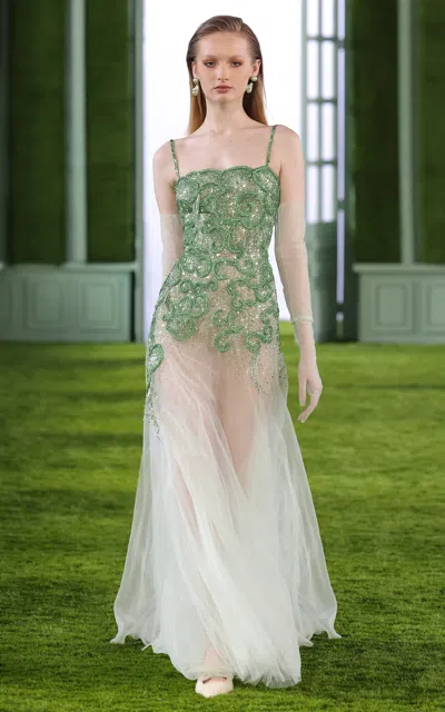 Shop Georges Hobeika Embellished Georgette Maxi Dress In Green