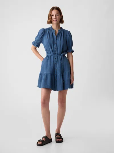 Shop Gap Crinkle Gauze Denim Mini Dress In Medium Indigo