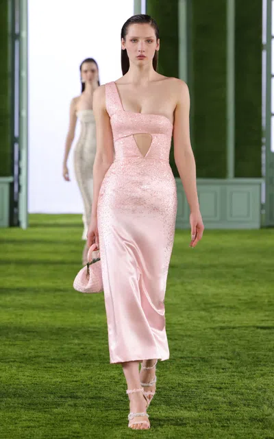 Shop Georges Hobeika Crystal-embellished Asymmetric Satin Midi Dress In Pink