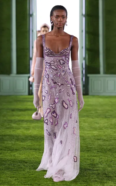 Shop Georges Hobeika Embellished Georgette Bustier Maxi Dress In Purple