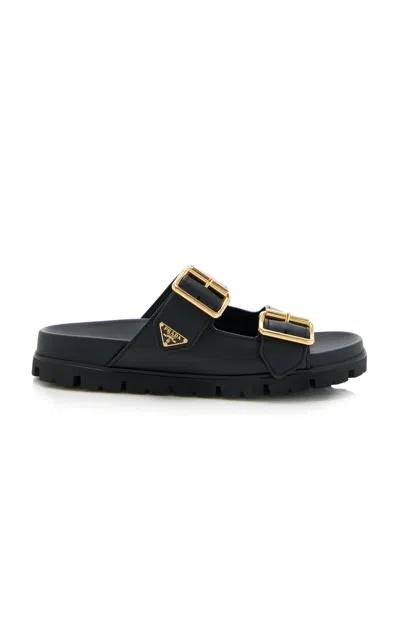 Shop Prada Buckle-detailed Leather Slip-on Sandals In Black