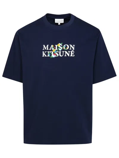 Shop Maison Kitsuné ' Flowers' Navy Cotton T-shirt