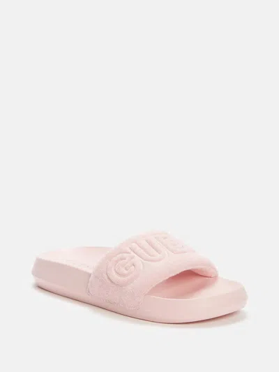 Shop Guess Factory Paxtons Terry Cloth Pool Slides In Pink
